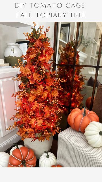 Janine Graff on Instagram: "DIY Tomato Cage Fall Topiary Tree 🍂 instantly transforms your space with autumn vibes effortlessly and affordably! 

Elevate your seasonal decor with this chic DIY hack, turning a garden center tomato cage into a high-end designer-style fall topiary. Add a touch of elegance while saving money and bringing pretty fall flair to your home this season! I absolutely love how this tree instantly adds a touch cozy fall ambience to my home. 

Are you ready for Fall? 

Create a DIY Tomato Cage Fall Topiary Tree 🍂: Add your own flair and enjoy!! 

Materials: Tomato cage, planter, leaf garland, string lights, berry accents. Suggested for indoor use or covered porch. 

Instructions: 
1. Secure tomato cage onto planter or tuck inside a planter or urn. Use a zip tie or rubb Diy Fall Topiary Front Porch, Fall Diy Porch Decor, Tomato Cage Fall Tree, Fall Tree Ideas, Fall Topiary Diy, Diy Fall Tree, Fall Urns, Fall Topiary, Diy Tomato Cage