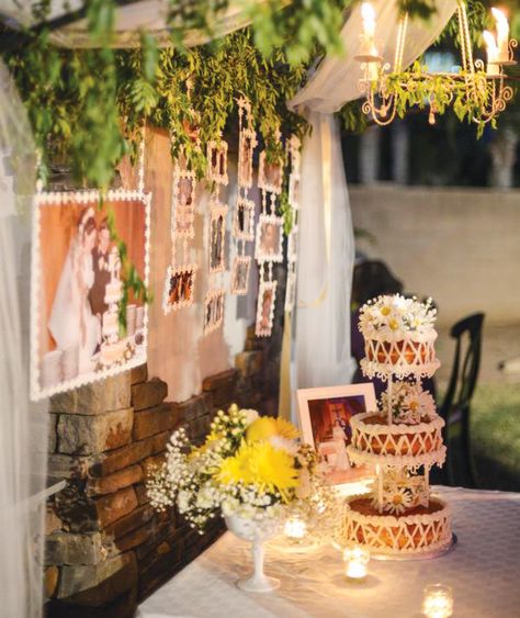 40th Wedding Anniversary {Backyard Garden Party} with beautiful floral arrangements, an old wedding photograph backdrop, and a cute cake table canopy. Anniversary Garden Party, 40th Anniversary Ideas, Backyard Garden Party, Anniversary Party Ideas, Garden Party Ideas, 40th Anniversary Party, 25th Anniversary Party, 35th Wedding Anniversary, 45th Wedding Anniversary