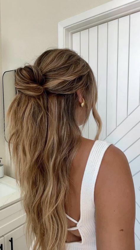 breanna cohoon | textured waves for a half up summer hairstyle . . . . #hairstyle #hairtutorial #style #fashion #summerhair #summerhair #beachwaveshair… | Instagram Beach Wave Formal Hair, Summer Half Up Half Down Hairstyles, Crimped Hair Half Up Half Down, Beachy Half Up Half Down Hair, Beach Waves Half Up Half Down, Half Up Half Down Waves, Half Up Half Down Messy Bun, Textured Waves Hair, Beach Waves Wedding Hair