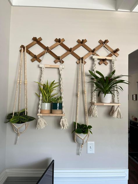 Macrame Plant Hanger In Living Room, Boho Living Room Hanging Plants, Macrame Plant Hanger Living Room, Macrame Plant Hanger Multiple Plants, Rustic Staircase, Ceiling Plant Hanger Macrame Dyi, Corner Plant, Hanger Decor, Art Decor Diy