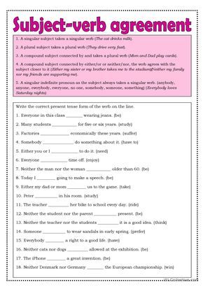 Subject Verb Agreement Worksheet, Subject Verb Agreement Activities, Esl Worksheets For Beginners, Compound Subject, Types Of Sentences Worksheet, Sentences Worksheet, Types Of Verbs, Verbs Worksheet, Tutoring Ideas