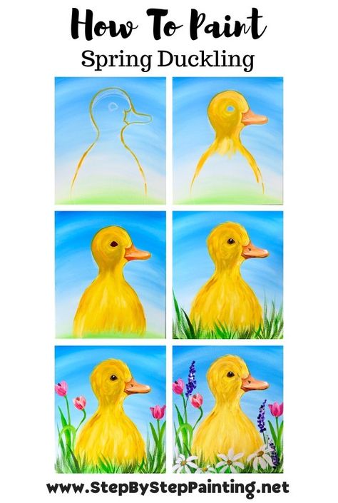 Spring Easter Crafts For Kids, Duck Art Project, Spring Painting Easy Step By Step, Spring Step By Step Painting, Easy Spring Painting Ideas, How To Paint A Duck, Easter Acrylic Painting Easy, Easy Spring Paintings For Beginners, Easy Spring Painting Ideas On Canvas