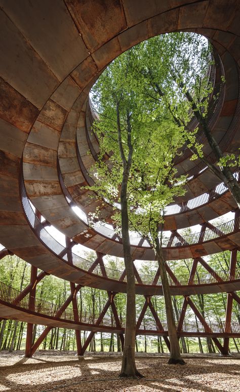 EFFEKT completes spiralling Camp Adventure tower in Danish forest Forest Pavilion Architecture, Spiral Pavilion, Spiral Architecture, Bio Architecture, Small Structures, Adventure Forest, Observation Tower, Danish Architecture, Pavilion Architecture