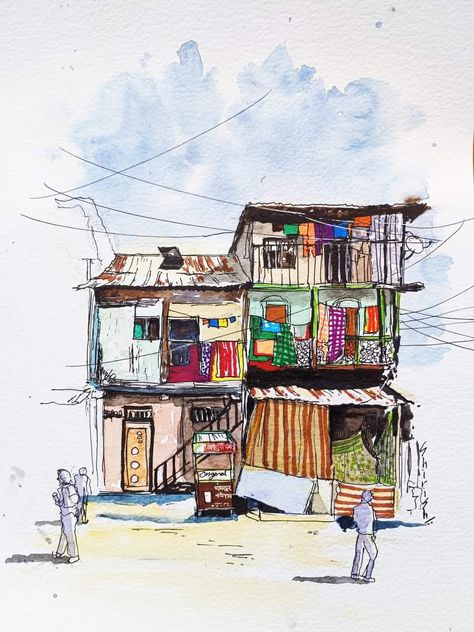 An old building -  a mixed media sketch Road Sketch, Black Pen Sketches, Watercolor Architecture, Art Diary, Drawing Supplies, Marker Drawing, Alcohol Ink Art, Pen And Watercolor, Ink Sketch