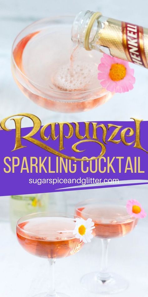 Sweet and bubbly - just like Rapunzel! These champagne cocktails are perfect for toasting to a Disney vacation or adding to a Disney movie night Tangled Drinks Alcohol, Disney Princess Alcoholic Drinks, Disney Inspired Cocktail Recipes, Barbie Movie Cocktails, Rapunzel Drink Ideas, Tangled Inspired Cocktails, Princess Themed Drinks, Disney Themed Cocktails Recipes, Tangled Drinks