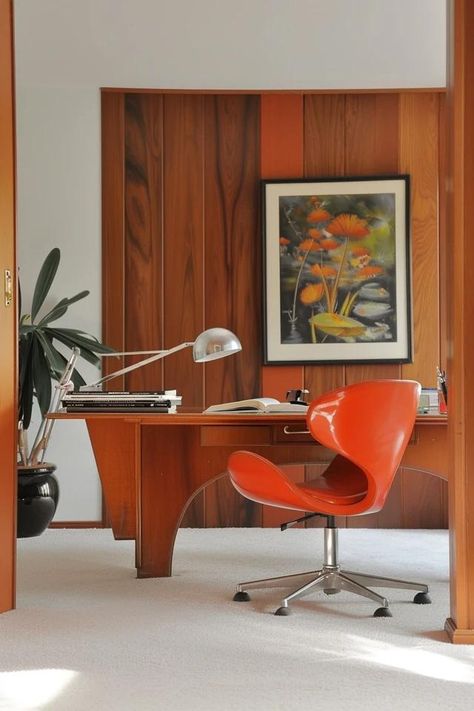 Mid Century Home Office: Style &amp; Functionality Office Midcentury Modern, Mid Century Office Space, 70s Style Office, Mid Century Home Office Ideas, Mcm Office Decor, 70s Interior Design Retro, Mid Century Home Office, 60s Office, 70s Office