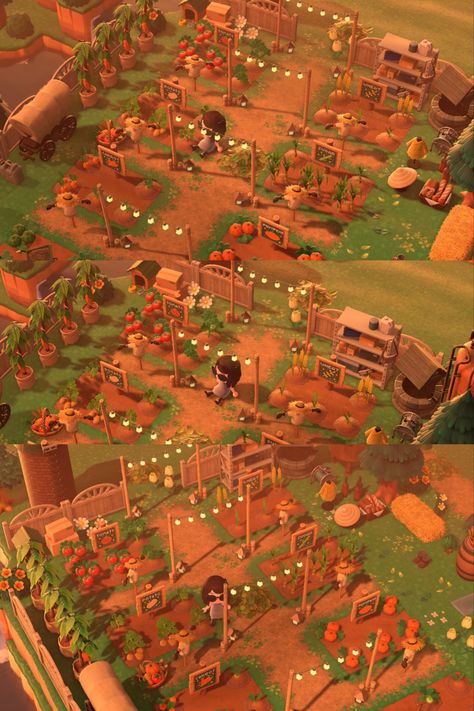 Animal Crossing New Horizons ACNH Farm Farm Designs Acnh, Animal Crossing Orange Island, Acnh Farm Build, Animal Crossing Farm Layout, Animal Crossing Bee Farm, Farm Ideas Acnh, Acnh 70s Island, Acnh Apple Orchard Ideas, Animal Crossing Vegetable Garden