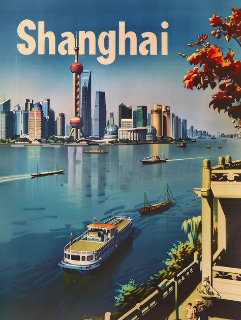 Immerse yourself in the essence of Shanghai with our Vintage Shanghai Travel Poster. This striking piece of digital art captures the serene beauty of the Huangpu River, set against the city's awe-inspiring skyline, a testament to Shanghai's evolution from a historic port of call to a modern urban giant. This high-quality, printable artwork is designed for instant download and can be printed on your choice of paper or canvas, ensuring it will be a perfect match for any room or decor style. Shanghai Design, Vintage Shanghai, China Poster, China Tourism, Shanghai Travel, Shanghai Skyline, Vintage Airline Posters, Vintage Airline, Asian Travel