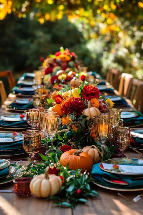 Autumn Tablescapes: Daring Designs for Your Festive Feast – A Sparkly Life for Me Navy Blue Fall Tablescape, Jewel Tone Fall Tablescapes, Blue Orange Tablescape, Teal And Orange Tablescapes, Teal And Orange Thanksgiving Table, Teal Fall Tablescape, Teal Orange Red Wedding, Dark Teal Table Setting, Blue And Orange Fall Tablescape