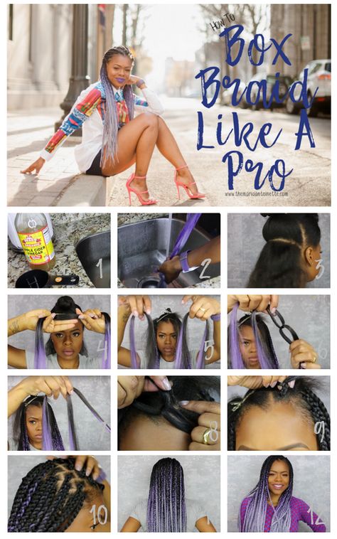 How to Box Braid like a Pro, on your Own Head How To Box Braid, How To Box, Box Braids Tutorial, Box Braids Pictures, Braiding Your Own Hair, Big Box Braids, Tree Braids, Blonde Box Braids, Short Box Braids