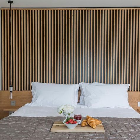 Transform your home with bespoke furniture design✨​ Here we designed, crafted and installed this stunning bespoke headboard which runs the entire width of the room to complete the contemporary vibe of this @boutiqueholidaylets apartment.  #bedroomdesign #bedroomdecor #headboard #headboardinspiration #headboardinspo #bedroominspo #homedecor   #Regram via @CBjA0ZrjMe6 Acoustic Wood Wall Panels, Modern Log House, Modern Industrial Farmhouse, Wood Wall Panels, Bed In Closet, Wood Panel Walls, Log Homes, Wall Panels, 인테리어 디자인