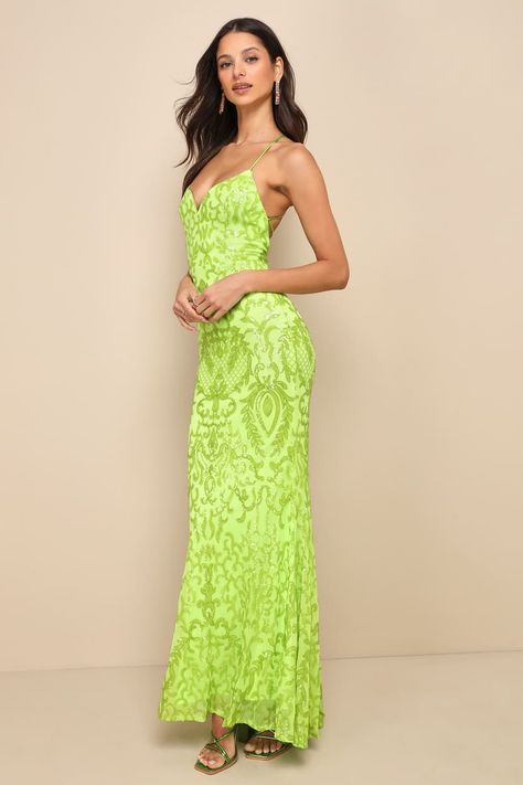 Lime Green Sequin Dress - Lace-Up Maxi Dress - Sequin Maxi Dress - Lulus Lime Green Prom Dresses, Green Satin Prom Dress, Mermaid Maxi Skirt, Green Sequin Dress, Lime Green Dress, Trendy Prom Dresses, Formal Dresses Gowns, Sequin Maxi Dress, Green Prom Dress