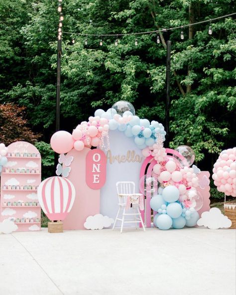 Hot Air Balloons Party, Hot Air Balloon Backdrop Birthday, Up In The Clouds Birthday Party, Clouds And Rainbows Birthday Parties, Cloud 1st Birthday Party, Pink Blue Birthday Party, Hot Air Balloon Birthday Theme Backdrop, Birthday Clouds Theme, On Cloud One Birthday