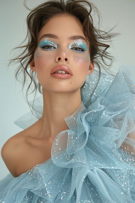 Editorial Silver Makeup, Silver And Pink Makeup Looks, Blue Light Makeup, Ocean Photoshoot Ideas, Silver Photoshoot, Cosmic Makeup, Glitter Face Makeup, Editorial Make-up, Makeup Silver