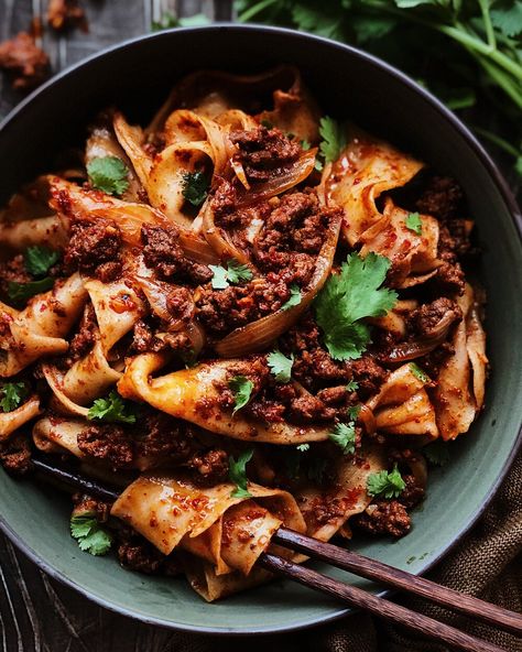 Recipe: Biang Biang Noodles (Hand-Pulled Noodles) — Lily Morello Mala Recipes, Mala Noodles, Cumin Lamb Noodles, Lamb Noodles, Biang Biang Noodles, Lamb Bacon, Cumin Lamb, Chinese Spices, Sliced Meat