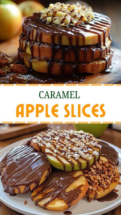 Easy Dessert Recipes: CARAMEL APPLE SLICES Caramel Apple Slices On A Stick, Apples And Caramel Dip, Treats With Apples, Apple Slices Recipes, Chocolate Covered Apple Slices, Easy Caramel Apples, Candied Apples Slices, Chocolate Covered Apples Slices, Homemade Caramel Apples