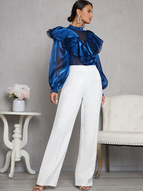 Garden Cocktail Attire, Ruffle Top Outfit, Ruffle Tops Outfit, Formal Wedding Attire, Shein Fashion, Ruffle Trim Top, Top Shein, Cocktail Attire, Suits And Jackets