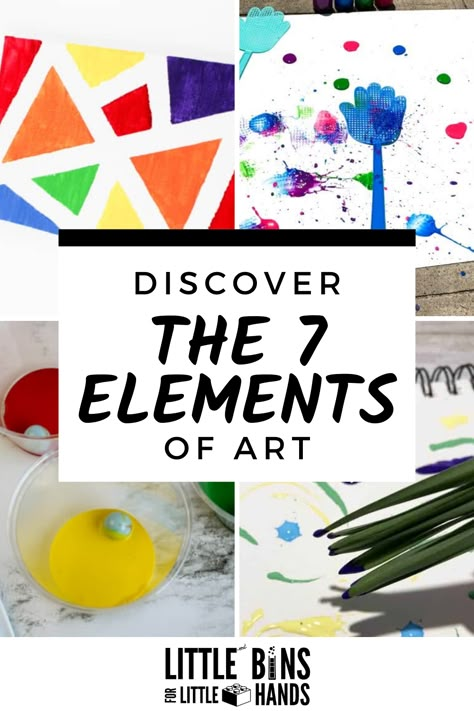 Doing art with kids at home or in the classroom? Then you will want to think about the 7 elements of art! Explore what the 7 elements of art are, why they are important and helpful tips for how to teach them to kids. Plus, you’ll find examples of fun and easy art projects you can use! Make sure to download the free 7 Elements of Art printable below. Elements Of Art For Preschool, Elements Of Art Preschool, Teaching Art To Kindergarteners, Space Art Element Projects, Art Elements For Kids, Organic Vs Geometric Shapes Art, Teaching Art To Preschoolers, Elements Of Art For Kindergarten, One Day Art Projects Kindergarten