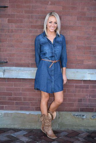 Style your 4th of July Outfit with a Summer Trend, Cowboy Boots! Add a red belt and a red, white & blue scarf! Cowboy Dresses, Jean Dress Outfit, Jean Dress Outfits, Jeans Dress Outfit, Denim Dress Outfit, Dresses With Cowboy Boots, Blue Jean Dress, Trend Forecast, Booties Outfit