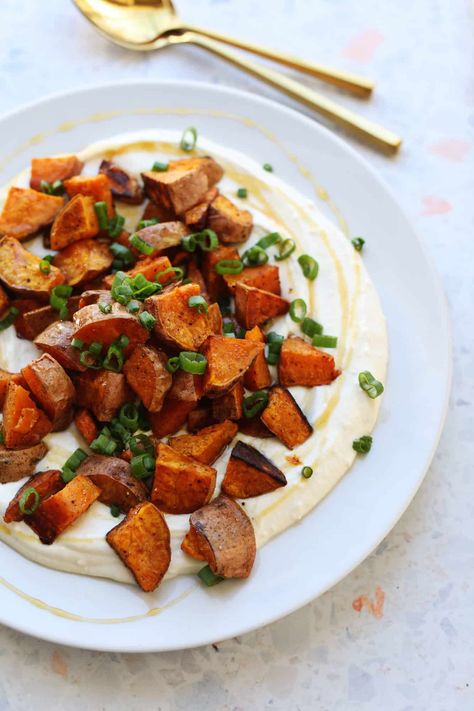 Roasted Sweet Potatoes with Whipped Feta - A Beautiful Mess Casseroles Easy, Spring Roll Sauce, Sweet Potato Side Dish, Sweet Potato Sides, Vegetable Platter, Feta Recipes, Whipped Feta, Potato Sides, A Beautiful Mess