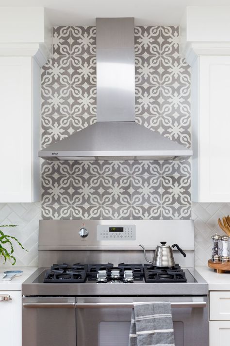 Revamp Kitchen Tiles, Accent Tile Over Range, Encaustic Tile Backsplash, Behind Stove Backsplash, Stove Backsplash, Patterned Tiles, Kitchen Backsplash Designs, Backsplash Designs, Kitchen Hoods