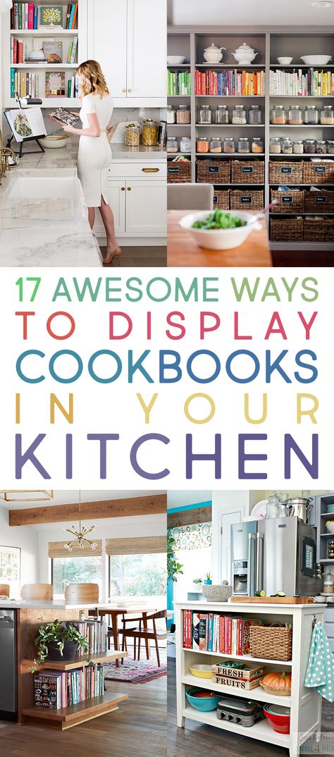 17 Awesome Ways To Display Cookbooks in Your Kitchen #Cookbooks #CookbookDisplay #HowToDisplayCookbooks #Farmhouse  #FarmhouseDIY #FarmhouseKitchen  #FixerUpper #CookbookDecorating #CookbookStorage Kitchen Cookbook Display, Display Cookbooks, Home Bar Display, Cookbook Display, Cookbook Organization, Kitchen Bookshelf, Cookbook Storage, Cookbook Shelf, Bar Display