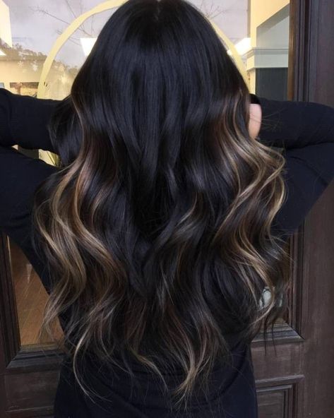 Jet Black Hair With Caramel Highlights, Light Brown To Black Hair, Long Black Hair Balayage, Black Hair With Coloured Highlights, Black Hair With Partial Highlights, Dark Hair With Peekaboo, Black Hair Inspo Long, Dark Hair With Peekaboo Highlights, Halo Highlights Hair