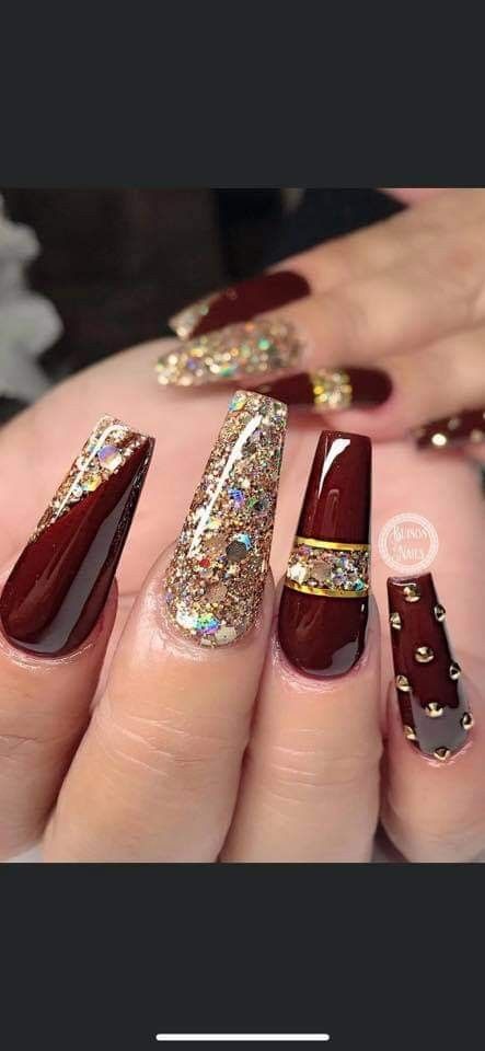 Maroon Nails Burgundy, Maroon Nails, Long Acrylic Nail Designs, Burgundy Nails, Almond Acrylic Nails, Long Acrylic, Burgundy And Gold, Long Acrylic Nails, Gold Nails