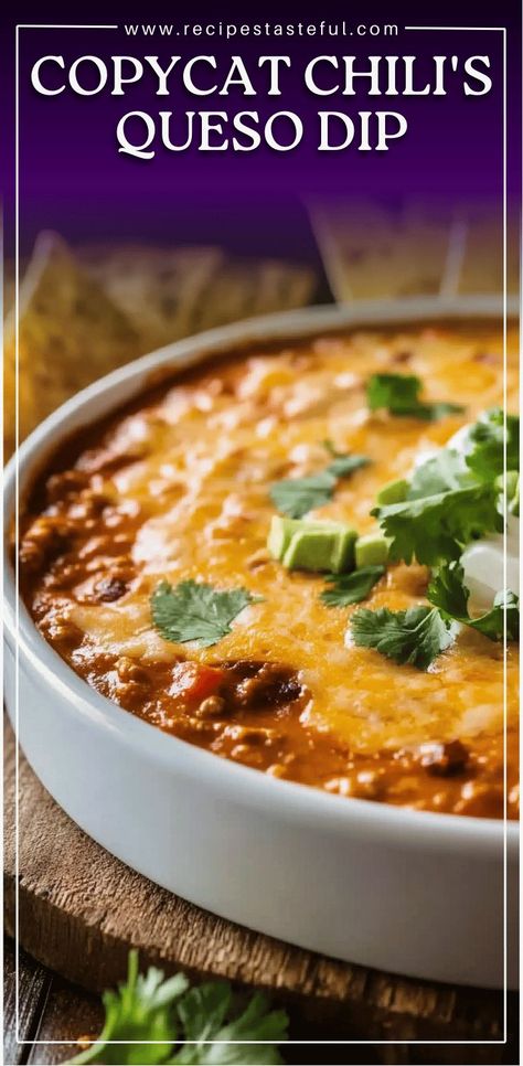 This creamy, cheesy queso dip is a perfect copy of the famous Chili’s version, and it’s so easy to make in the slow cooker! With Velveeta cheese, no-bean chili, and a blend of spices, this dip is a crowd-pleaser for game days, parties, or any occasion. Serve with tortilla chips for an irresistible snack! #QuesoDip #SlowCookerRecipes #CheeseLovers #GameDaySnacks #ChilisCopycat #CheeseDip #PartyFood #MexicanDip #TortillaChips #ComfortFood Velveeta And Chili Dip, Velveeta Queso Dip With Chili, Crockpot Queso Dip Velveeta, Queso Recipe Velveeta, Chilis Queso Dip, Cheese Dip Recipes Velveeta, Cheesy Chili Recipe, Velveeta Cheese Recipes, Chile Cheese Dip