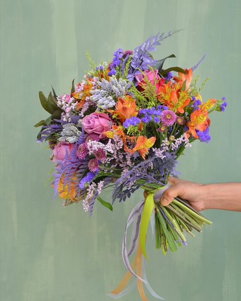 Purple Orange Yellow Wedding Flowers, Purple Green Bouquet, Purple Orange Green Bouquet, Purple Orange And Green Wedding Colors, Orange Purple Green Wedding, Purple Orange Bouquet, Purple And Orange Bouquet, Purple Orange Wedding, Prom Bouquet Ideas