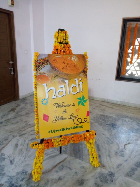 Haldi Ceremony Board Ideas, Haldi Function Decoration For Groom, Brother Haldi Ceremony, Groom Haldi Decoration, Haldi Quotes, Haldi Banner, Haldi Function Decoration, Shadi Decor, Entrance Board