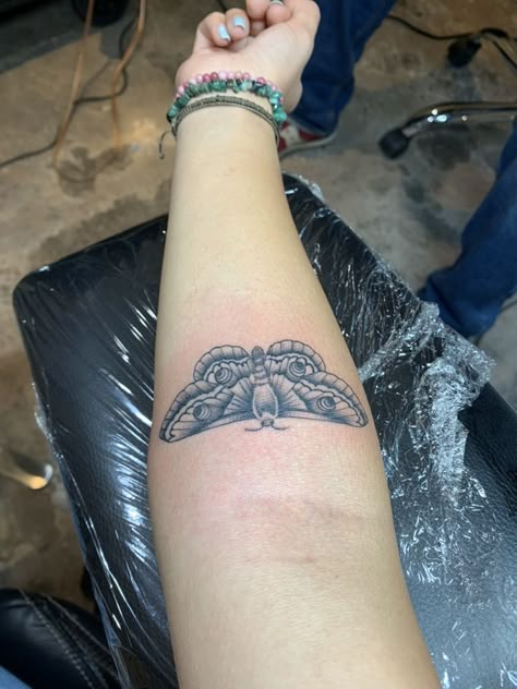 Moth On Leg Tattoo, Moth Tattoo On Forearm, Moth Coverup Tattoo, Io Moth Tattoo, Moth Tatoos Ideas, Moth Tattoo Back Of Arm, Moth Tattoo Placement Ideas, Moth Elbow Crease Tattoo, Arm Moth Tattoo