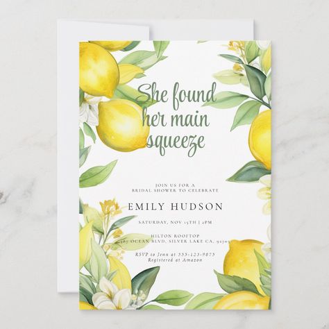 She Found Her Main Squeeze, Found Her Main Squeeze, Lemon Themed Bridal Shower, Tea Bridal Shower Invitations, Bridal Shower Brunch Invitations, Boho Bridal Shower Invitations, Lemon Watercolor, Country Garden Weddings, Summer Bridal Showers