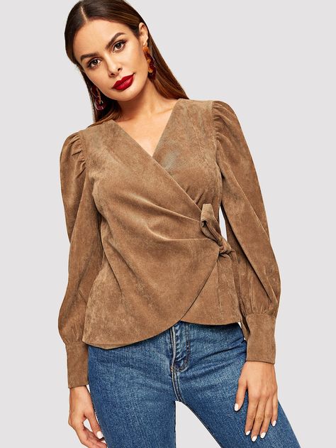 Puff Sleeve Wrap Corduroy Blouse -SheIn(Sheinside) Corduroy Blouse, Camel Style, Winter Shirts, Tie Wrap, Plain Tops, Bishop Sleeve, Shein Style, Fall Shirts, Blouse Designs