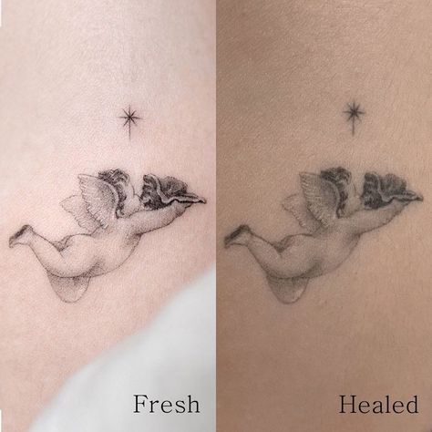 Healed Fineline Tattoo, Healed Tattoo Vs Fresh Fine Line, Fine Line Tattoo Healed, Minimal Angel Tattoo, Healed Fine Line Tattoo, Rememberance Tattoo, Tattoo Peeling, Cool Finger Tattoos, Tattoo Healing Process