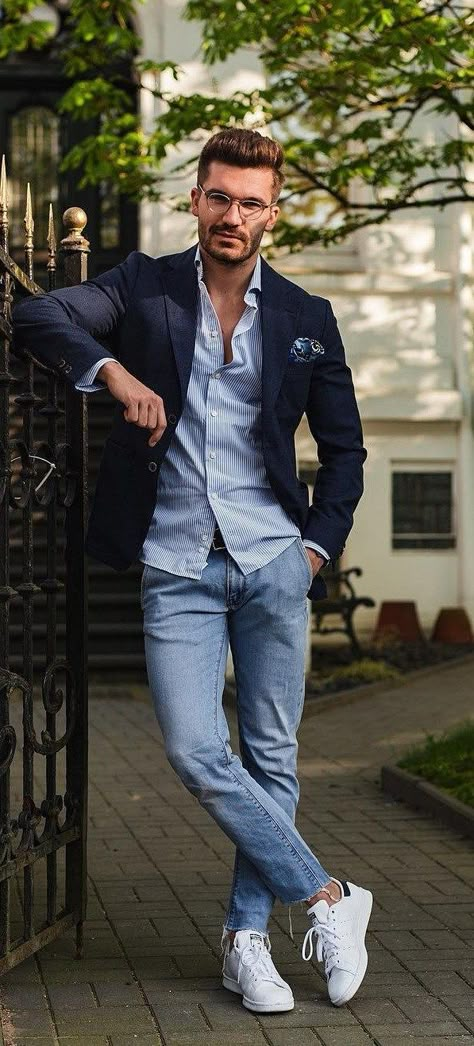 Shirt Jeans and Blazer Outfit for a Smart Casual Look #men'sbusinessoutfit #men's #business #outfit Mens Dressy Casual Outfit, Smart Casual Jeans Outfit, Casual Dress Code For Men, Mens Dressy Casual, Smart Casual Jeans, Smart Casual Dress Code, Mens Dress Outfits, Blazer Outfits Men, Mens Smart Casual Outfits