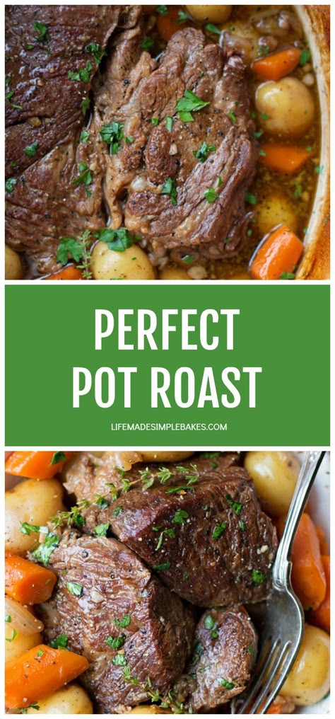 A simple yet perfect pot roast with carrots, potatoes, onions, fresh herbs and roasted garlic. It's tender, flavorful and requires just one pot! #perfectpotroast #potroast #flavorfulpotroast #potroastrecipe Pot Roast Ingredients, Pot Roast Recipes Stove Top, Pot Roast Stove Top, Pot Roast Side Dishes, Garlic Herb Pot Roast, Pot Roast Quick, Pot Roast No Potatoes, Garlic Pot Roast, Pot Roast With Potatoes And Carrots