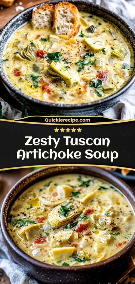 This Tuscan artichoke soup is packed with Mediterranean flavors, fresh herbs, and vegetables. It’s a hearty, flavorful soup that’s perfect for a cozy dinner. Ingredients: 1 can artichokes 1 onion, diced 2 cups vegetable broth 1 tbsp olive oil Canned Artichoke Recipes, Winter Soup Recipes Healthy, Mediterranean Soup Recipes, Spinach Artichoke Recipes, Bone Broth Soup Recipes, Easy Winter Soups, Mediterranean Soup, Warm Soup Recipes, Artichoke Soup