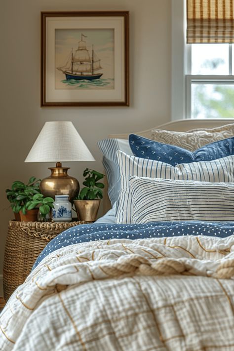 layered bedding and gold lamp with plants on a rattan night stand Green Cottage Bedroom, Preppy Coastal Bedroom, Charleston Bedroom, Smallest Bedroom, Cozy Coastal Bedroom, 1940s Farmhouse, Cozy Neutral Bedroom, Coastal Farmhouse Bedroom, Neutral Bedroom Ideas