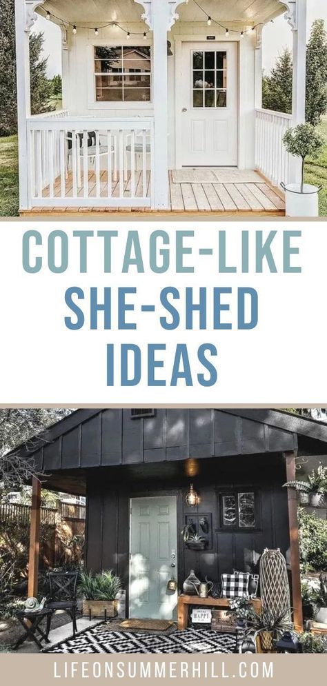 Shed Front Porch Ideas, Tin Shed Ideas, Moody She Shed, Farmhouse Shed Exterior, Exterior Shed Colors, She Shed Exterior Paint Ideas, She Shed Landscaping Ideas, Decorating Greenhouse, Shed Painting Ideas Exterior Colors