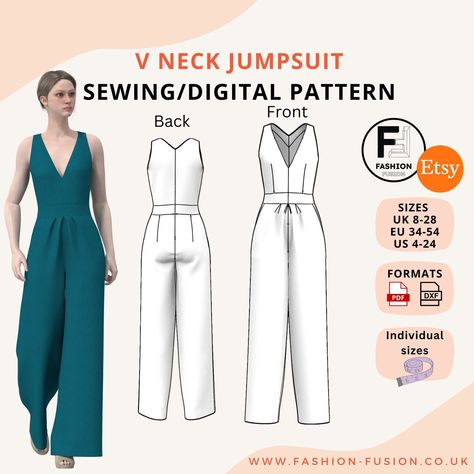 V-Neck Wide-Leg Jumpsuit Sewing Pattern - Women's Plus Size (UK 8-28 / EU 34-54 / US 4-24) - Instant Download PDF & DXF Files with Sizing & Sewing Instructions Jumpsuit Sewing Pattern, Jumpsuit Sewing, Jumpsuit Pattern Sewing, Trendy Jumpsuit, Halter Neck Jumpsuit, Stylish Jumpsuit, Jumpsuit Pattern, Womens Sewing Patterns, Coat Patterns