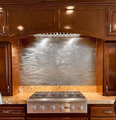 Life Tree Backsplash. | SpectraMetal Stainless Steel Backsplash Behind Stove, Behind Stove Backsplash Ideas, Stove Backsplash Ideas, Behind Stove Backsplash, Stainless Steel Kitchen Backsplash, Stainless Steel Tile Backsplash, Metal Backsplash Kitchen, Metal Backsplash, Steel Life