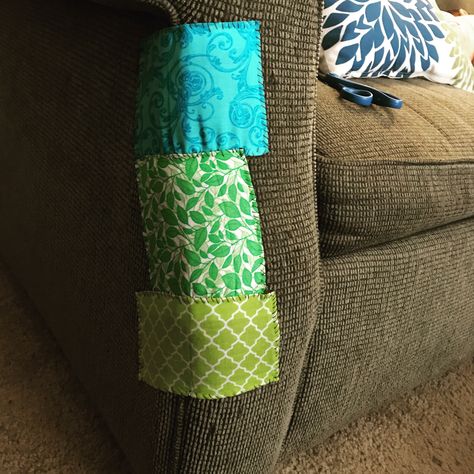 Patches to cover cat scratch damage on the couch. Super easy and fun to do. Looks so good! Patches On Sofa, Patches On Couch, Patched Couch, Cat Scratch Couch Repair, Couch Patch, Couch Patch Ideas, Couch Embroidery Repair, Reupholster Couch, Couch Repair