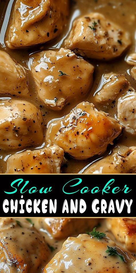 Looking for a no-fuss dinner idea? Try this Slow Cooker Chicken and Gravy – tender chicken smothered in delicious gravy! 🐔🍽️ #SlowCookerRecipes #EasyMealPrep #HomeCooking Chicken And Brown Gravy Recipes, Crock Pot Chicken And Gravy Slow Cooker, Keto Chicken And Gravy, Slow Cooker Creamy Chicken And Gravy, Chicken With Gravy Recipes, Smothered Chicken Crockpot, Chicken And Gravy Stovetop, Snow Day Dinner Ideas, Crockpot Smothered Chicken