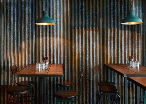 Industrial Restaurant Interior, Cladding Sheets, Cafe Industrial, Soho Restaurants, Corrugated Metal Wall, Corrugated Iron, Industrial Restaurant, Rustic Restaurant, Metal Cladding