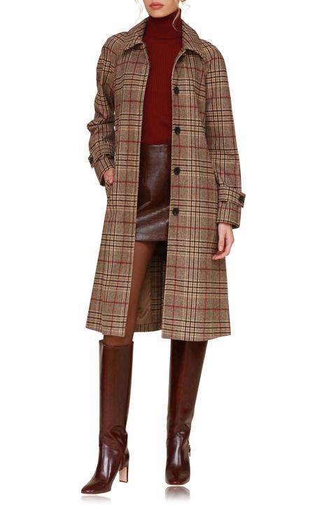 A sweeping length and trench-style belt create a striking silhouette in a plaid coat lightly kissed with wool and refreshed with a buttoned back placket. 45 1/2" length (size Medium) Hidden-button placket Spread collar Adjustable button belted cuffs Front welt pockets Removable belt Lined 87% polyester, 13% wool Dry clean Imported 2024 Trench Coat Outfit, Brown Plaid Coat Outfit, Tartan Coat Outfit, Dress Coats For Women Classy, Burberry Style, Plaid Trench Coat Outfit, Plaid Outfits For Women, Winter Business Professional Outfits, Brown Plaid Coat