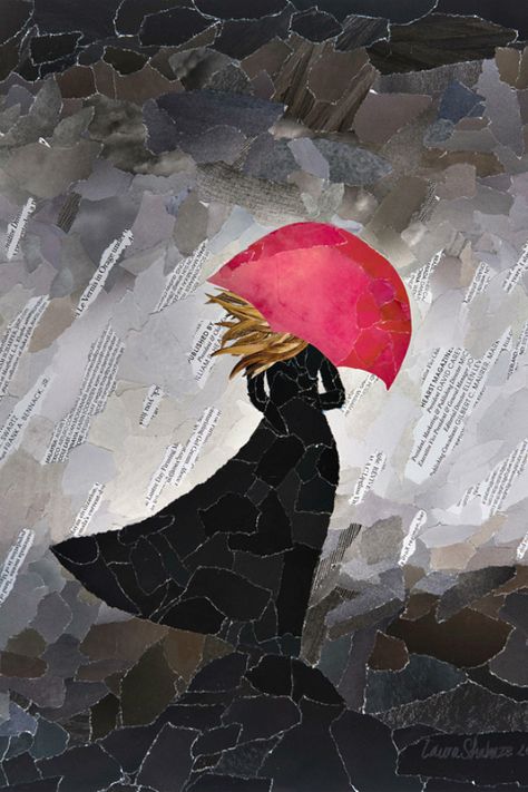 Torn paper collage, Red Umbrella, is included in a round up of collages by Laura Shabazz #collage Paper Art For Kids, Torn Paper Art, Art Collages, Paper Mosaic, Collage Art Projects, Umbrella Art, Paper Collage Art, Paper Scraps, Magazine Collage