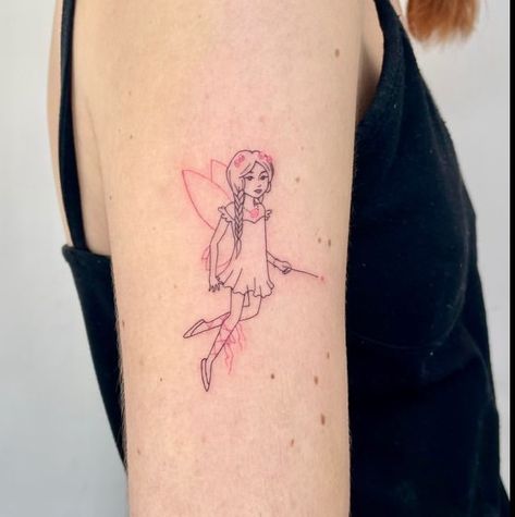 fairy fine line minimal tattoo with pink ink accents Ruby The Red Fairy, Fairy Arm Tattoo, Line Arm Tattoo, Fine Line Arm Tattoo, Red Fairy, Pink Tattoo, Fine Line, Arm Tattoo, Geometric Tattoo