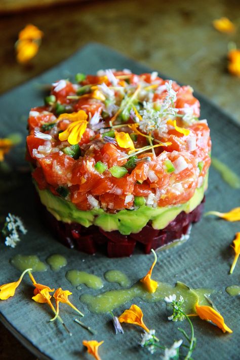 Salmon, Beet and Avocado Tartar from HeatherChristo.com | Flickr Canadian Wildfires, Avocado Tartare, Bistro Ideas, Summer Appetizers, Art Recipes, Asian Street Food, Summer Appetizer, Lemon Vinaigrette, Catering Food