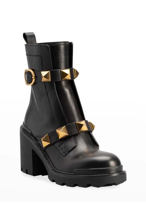 X5DE3 Valentino Garavani Roman Stud Moto Booties Studded Combat Boots, Sock Ankle Boots, Boots On Sale, Valentino Garavani Shoes, Leather Heeled Boots, Studded Boots, Buckled Heels, Boots For Sale, Platform Boots